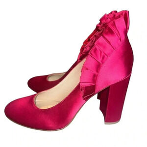 Anthropologie Botkier Vienna fuschia pink satin block heel ruffle pumps size 9‎